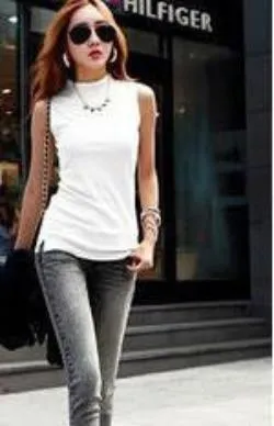 women fashion sleeveless cotton turtleneck solid tops tees