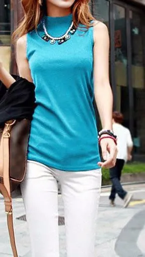 women fashion sleeveless cotton turtleneck solid tops tees