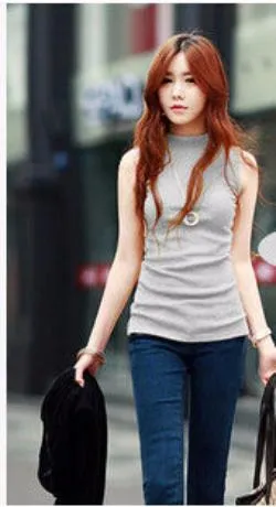 women fashion sleeveless cotton turtleneck solid tops tees