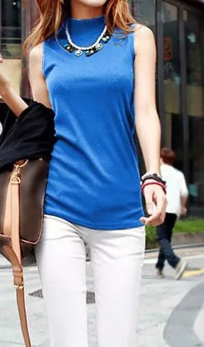 women fashion sleeveless cotton turtleneck solid tops tees