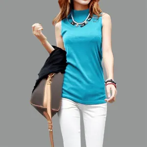 women fashion sleeveless cotton turtleneck solid tops tees