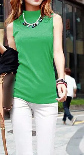 women fashion sleeveless cotton turtleneck solid tops tees