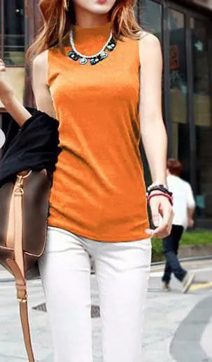 women fashion sleeveless cotton turtleneck solid tops tees