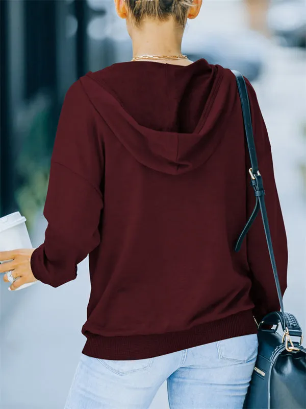 Women's Autumn and Winter Solid Color Hooded Long-sleeved Casual Sweatshirt  