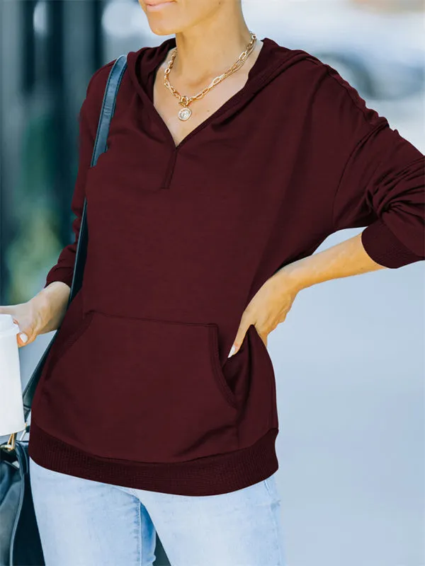 Women's Autumn and Winter Solid Color Hooded Long-sleeved Casual Sweatshirt  