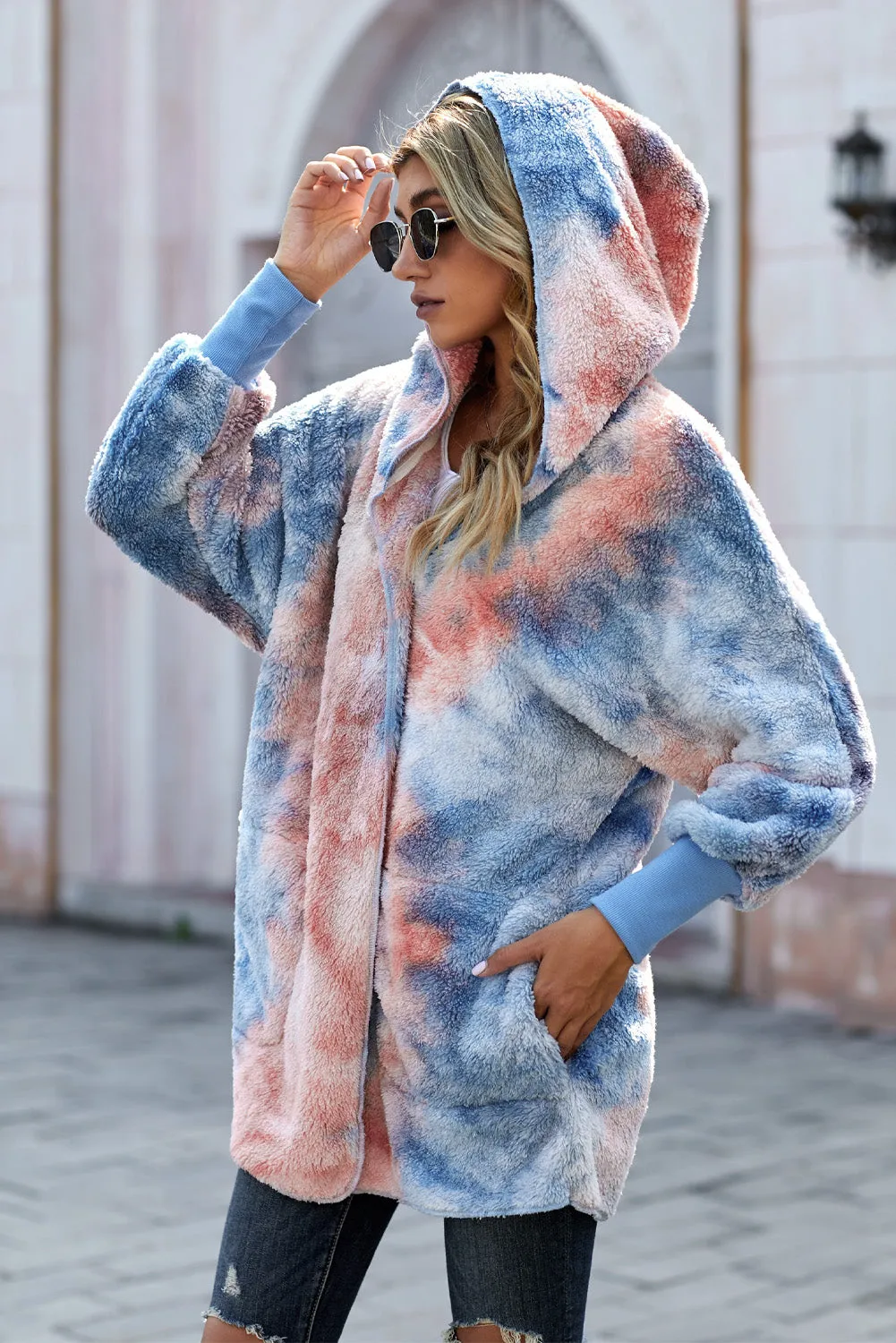 Womens Blue Orange Tie Dye Soft Fleece Hooded Open Front Coat