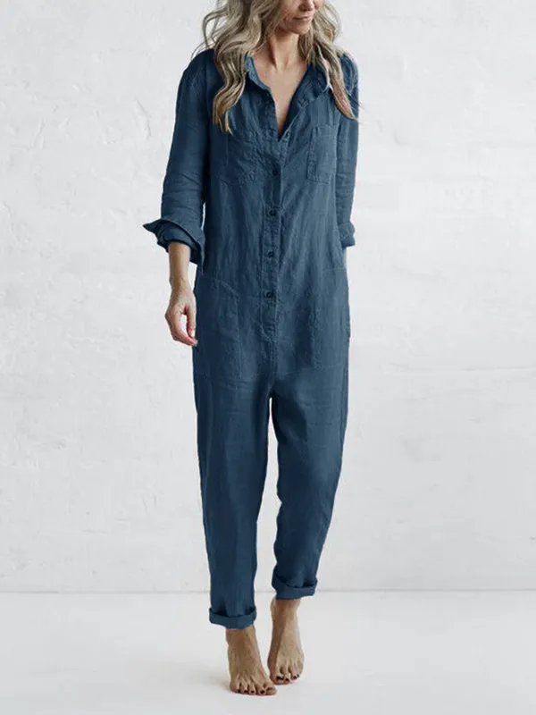 Women's long jumpsuit with vneck wrap collar and long sleeves