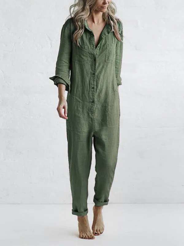 Women's long jumpsuit with vneck wrap collar and long sleeves