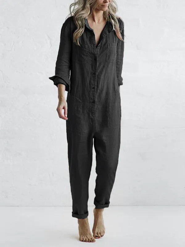 Women's long jumpsuit with vneck wrap collar and long sleeves