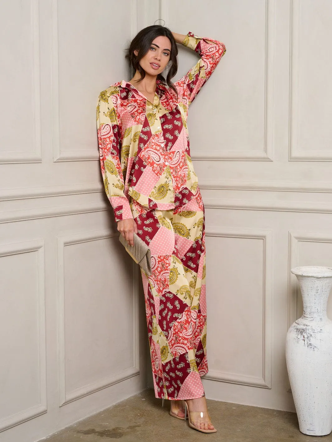 WOMEN'S LONG SLEEVE TOP & PANTS MULTI PRINT SET