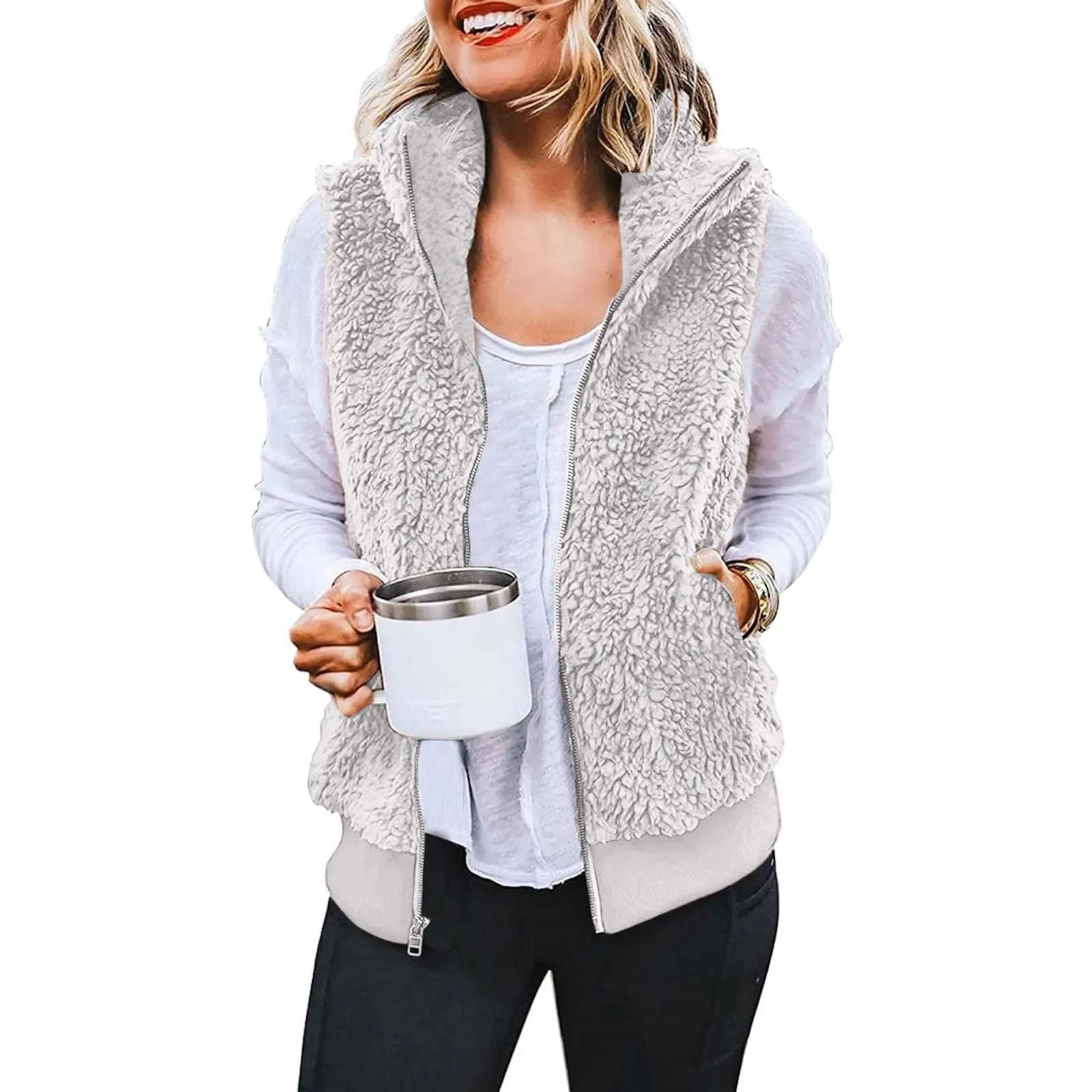 Women's Plus Size Vest Autumn Winter Casual Plush Sweatshirt Zipper Warm Fleece Waistcoat Vest Female Fuzzy Sleeveless Waistcoat