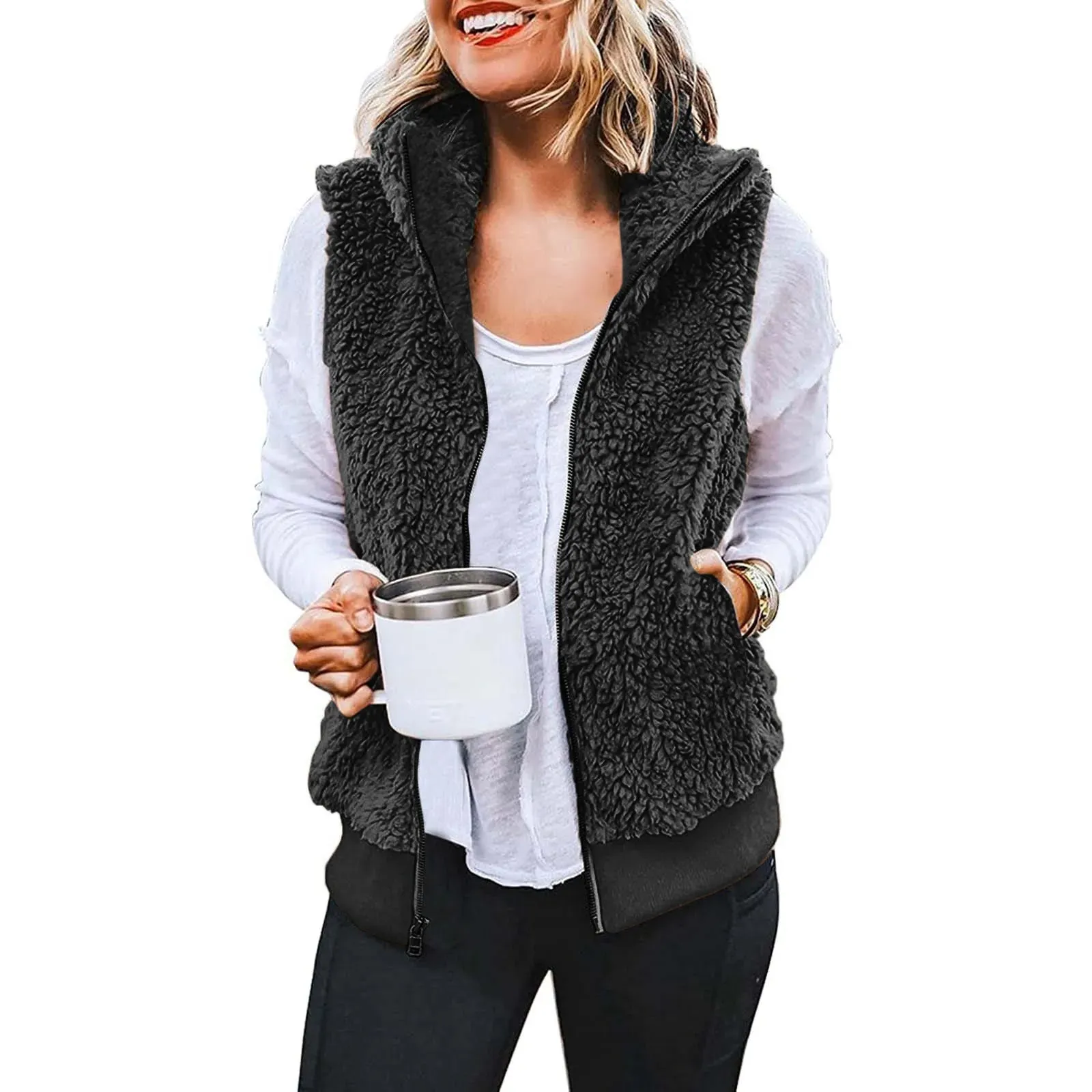 Women's Plus Size Vest Autumn Winter Casual Plush Sweatshirt Zipper Warm Fleece Waistcoat Vest Female Fuzzy Sleeveless Waistcoat
