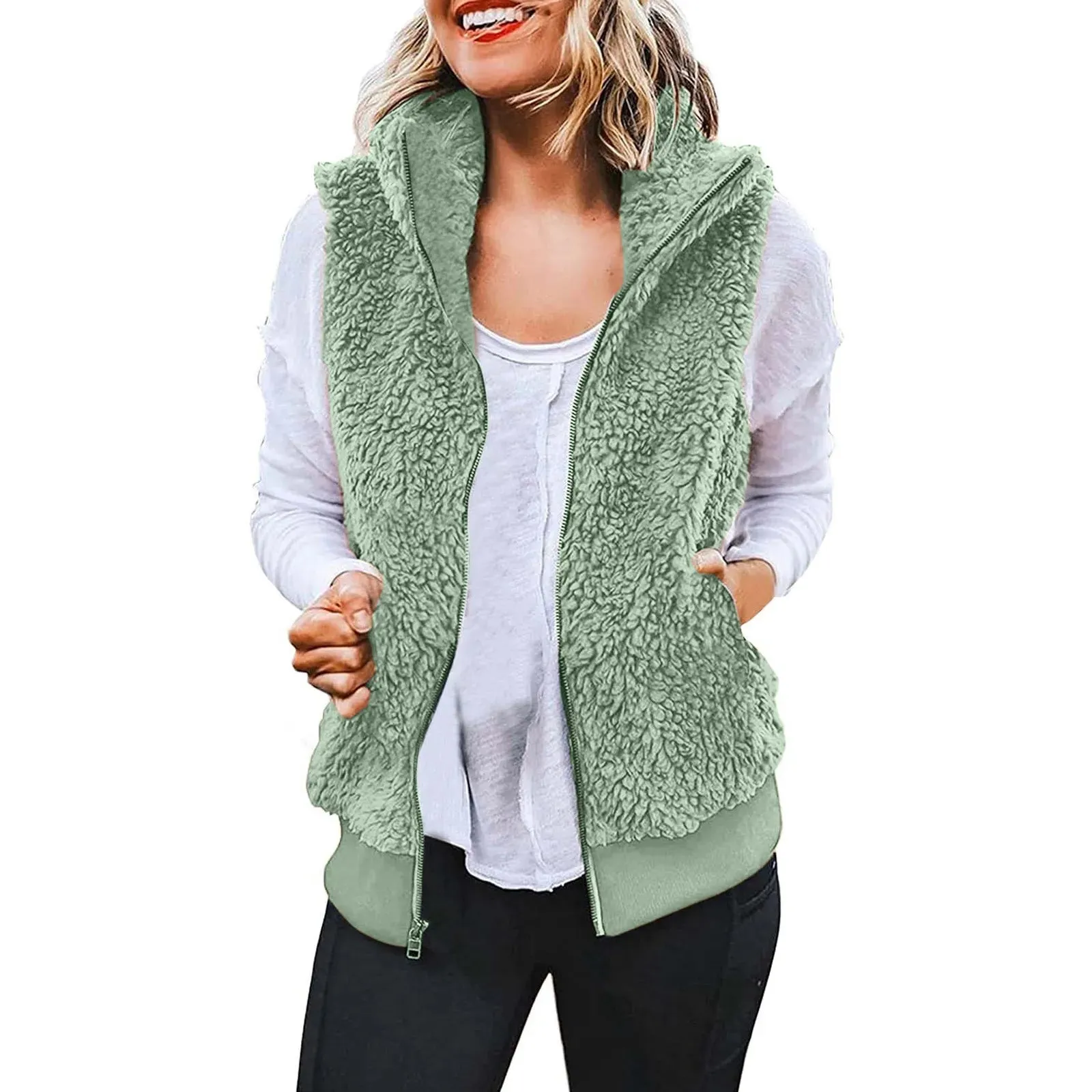 Women's Plus Size Vest Autumn Winter Casual Plush Sweatshirt Zipper Warm Fleece Waistcoat Vest Female Fuzzy Sleeveless Waistcoat