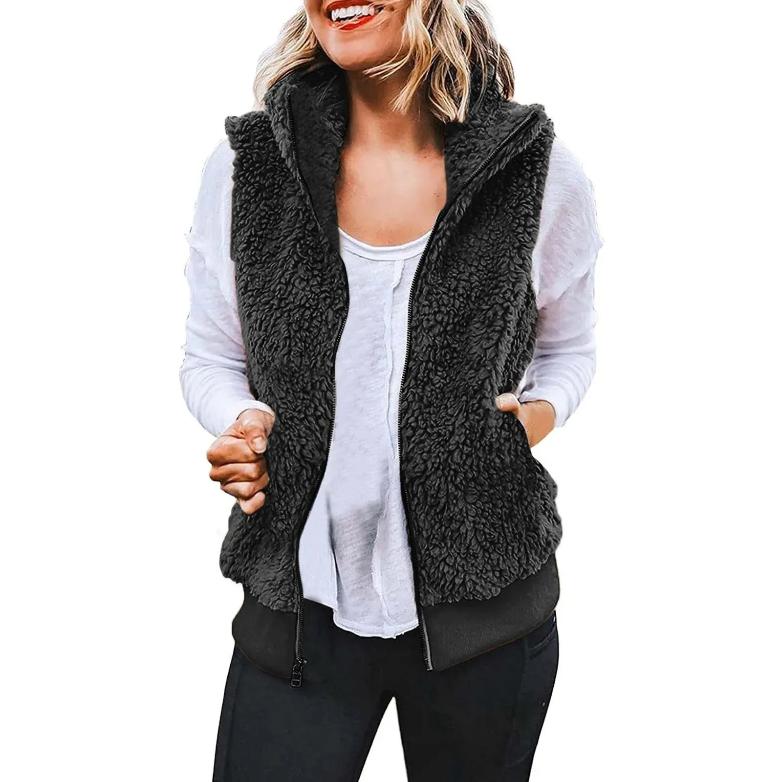 Women's Plus Size Vest Autumn Winter Casual Plush Sweatshirt Zipper Warm Fleece Waistcoat Vest Female Fuzzy Sleeveless Waistcoat