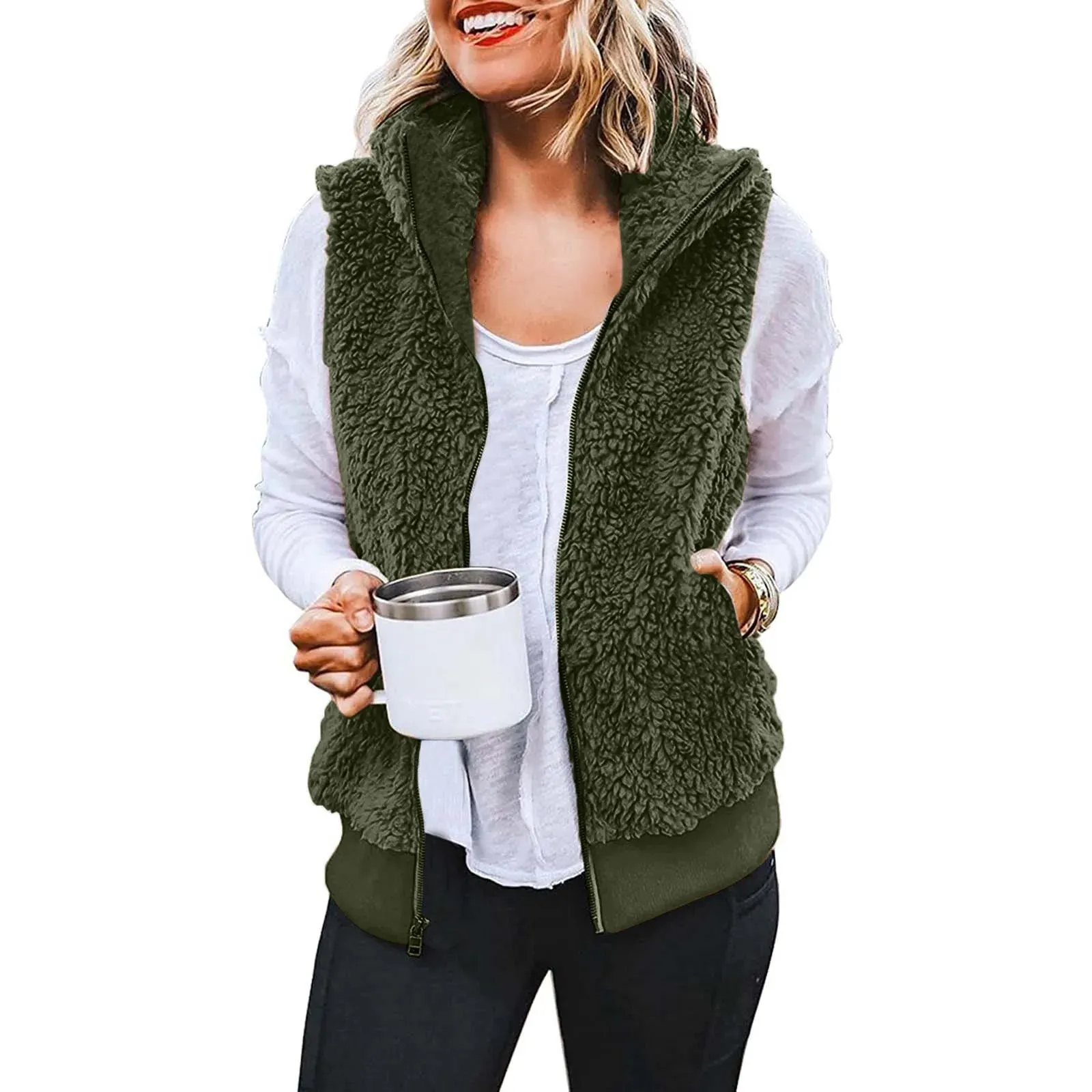 Women's Plus Size Vest Autumn Winter Casual Plush Sweatshirt Zipper Warm Fleece Waistcoat Vest Female Fuzzy Sleeveless Waistcoat