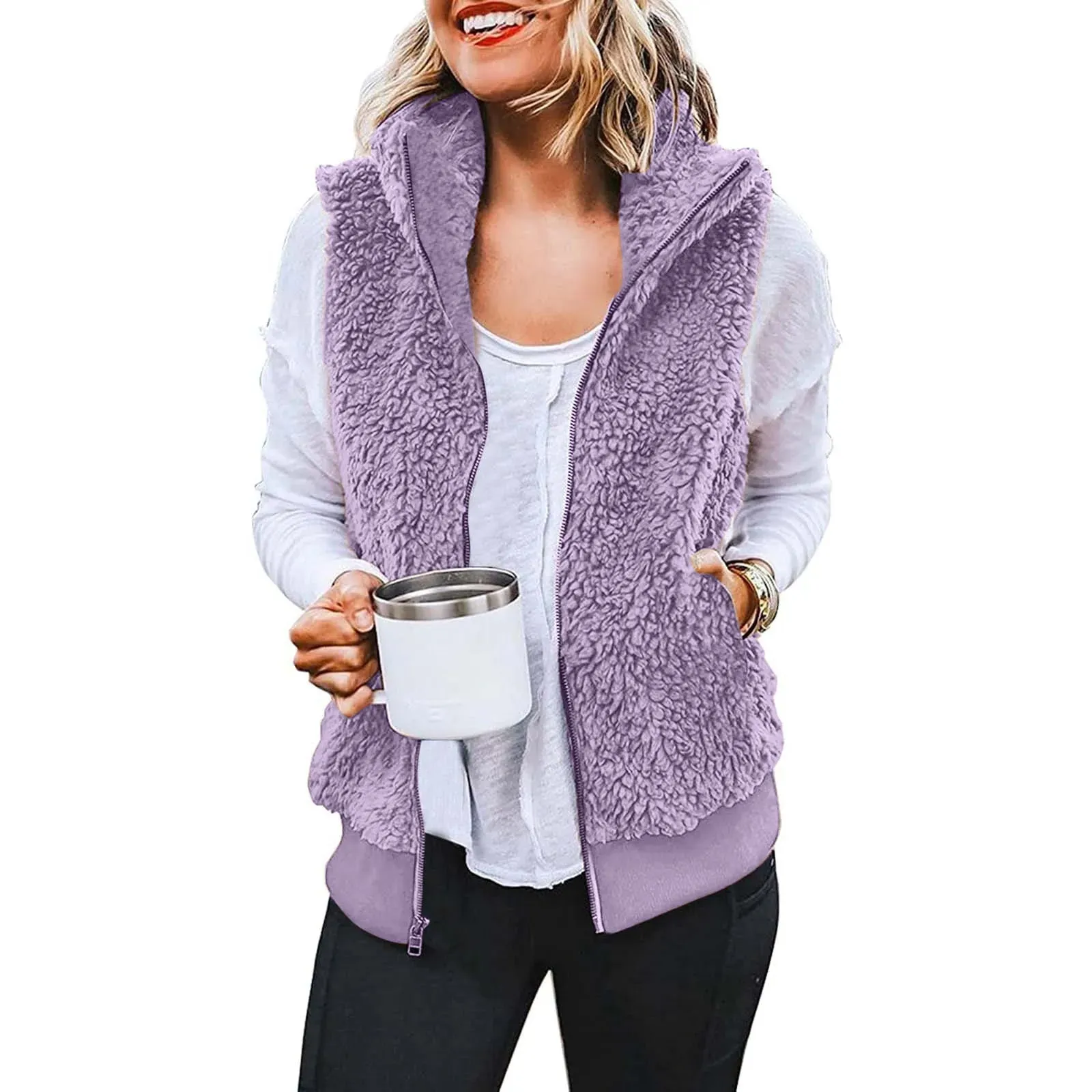 Women's Plus Size Vest Autumn Winter Casual Plush Sweatshirt Zipper Warm Fleece Waistcoat Vest Female Fuzzy Sleeveless Waistcoat