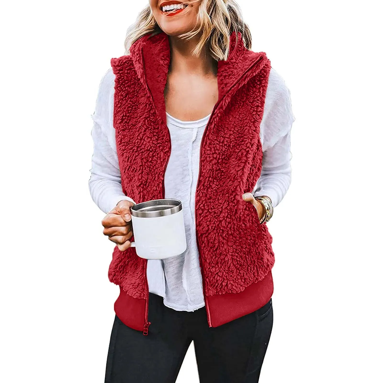 Women's Plus Size Vest Autumn Winter Casual Plush Sweatshirt Zipper Warm Fleece Waistcoat Vest Female Fuzzy Sleeveless Waistcoat