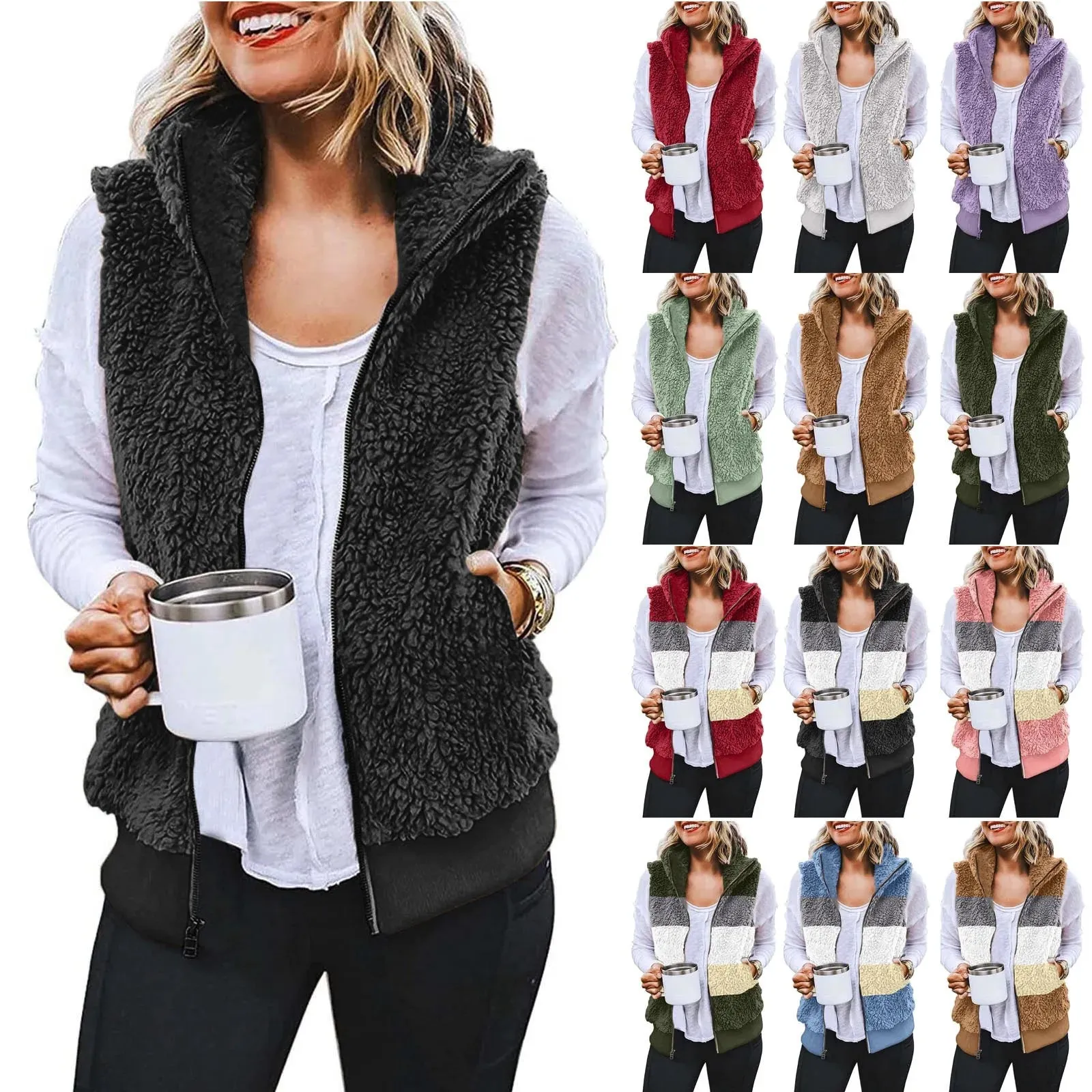 Women's Plus Size Vest Autumn Winter Casual Plush Sweatshirt Zipper Warm Fleece Waistcoat Vest Female Fuzzy Sleeveless Waistcoat