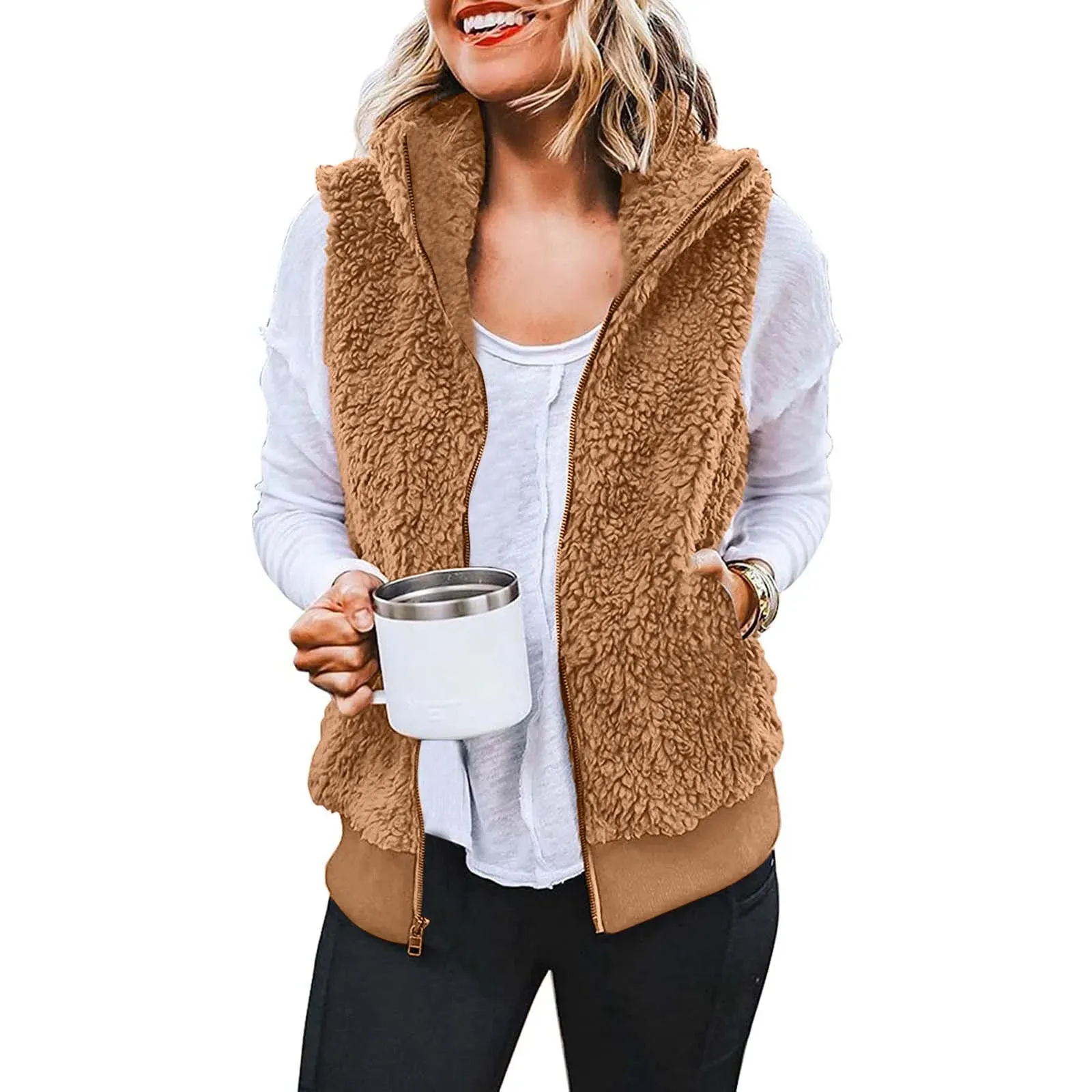 Women's Plus Size Vest Autumn Winter Casual Plush Sweatshirt Zipper Warm Fleece Waistcoat Vest Female Fuzzy Sleeveless Waistcoat