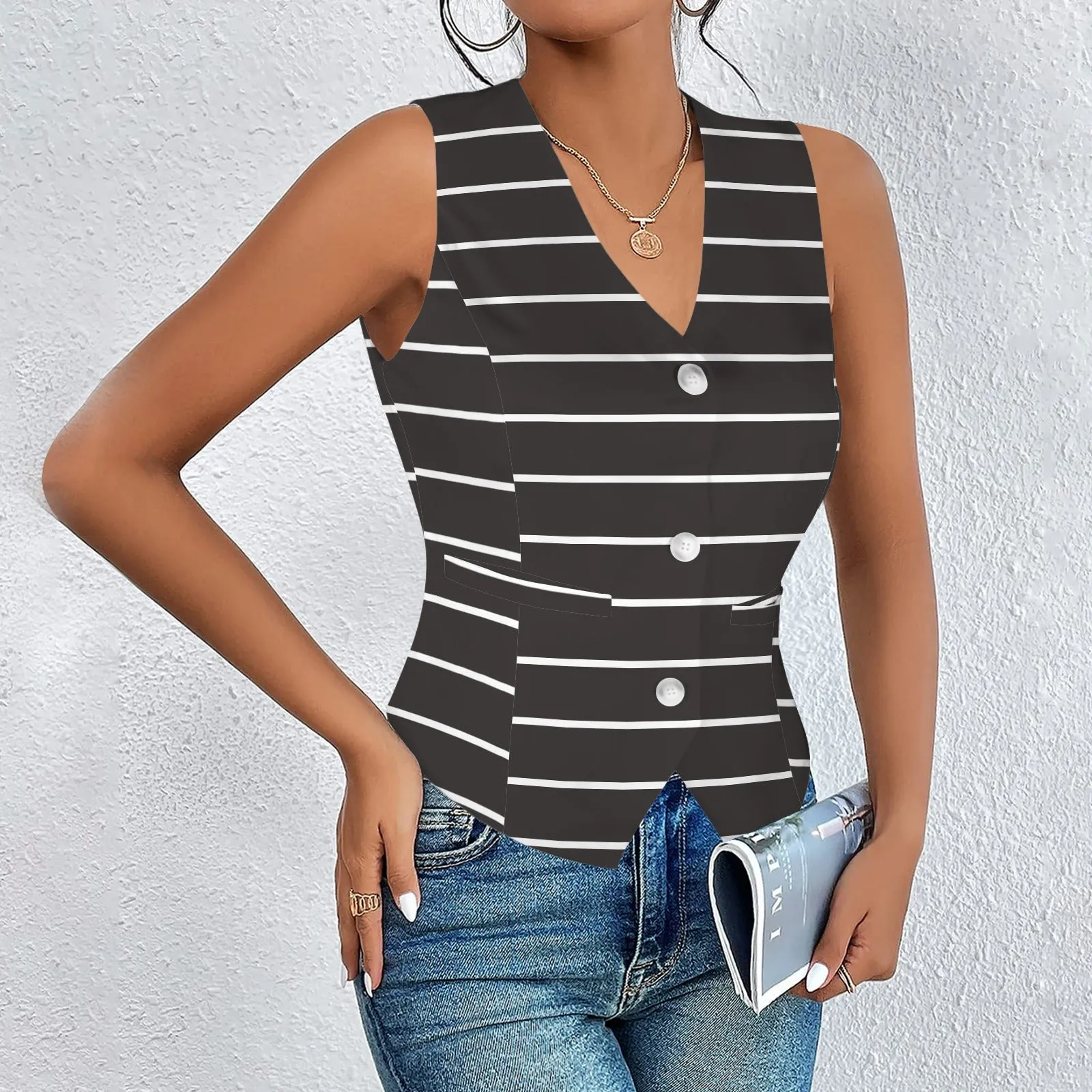Women's V-Neck Sleeveless Button Pocket Vest