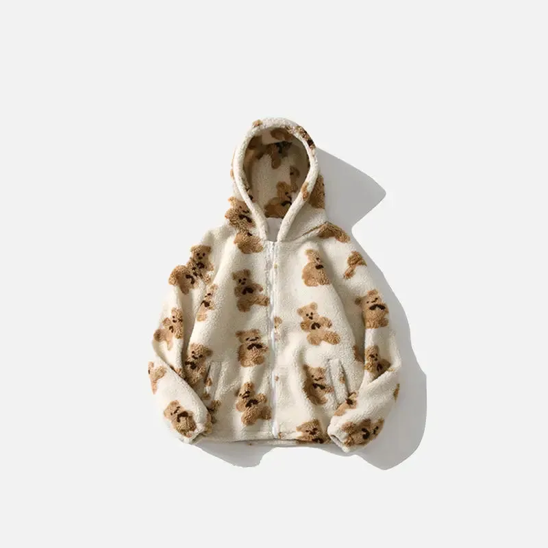 Y2K Teddy Bear Fuzzy Hoodie for Retro Fashion Lovers